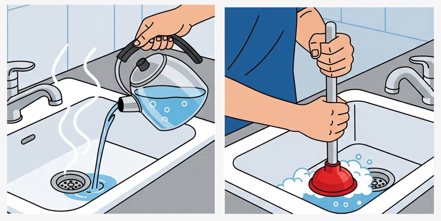 A person pouring boiling water into a sink, then using a plunger to unclog it.