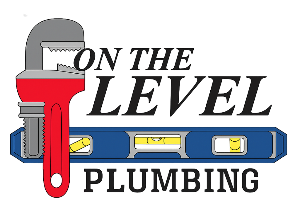 Logo for On The Level Plumbing: Red pipe wrench, blue level, black text on white.
