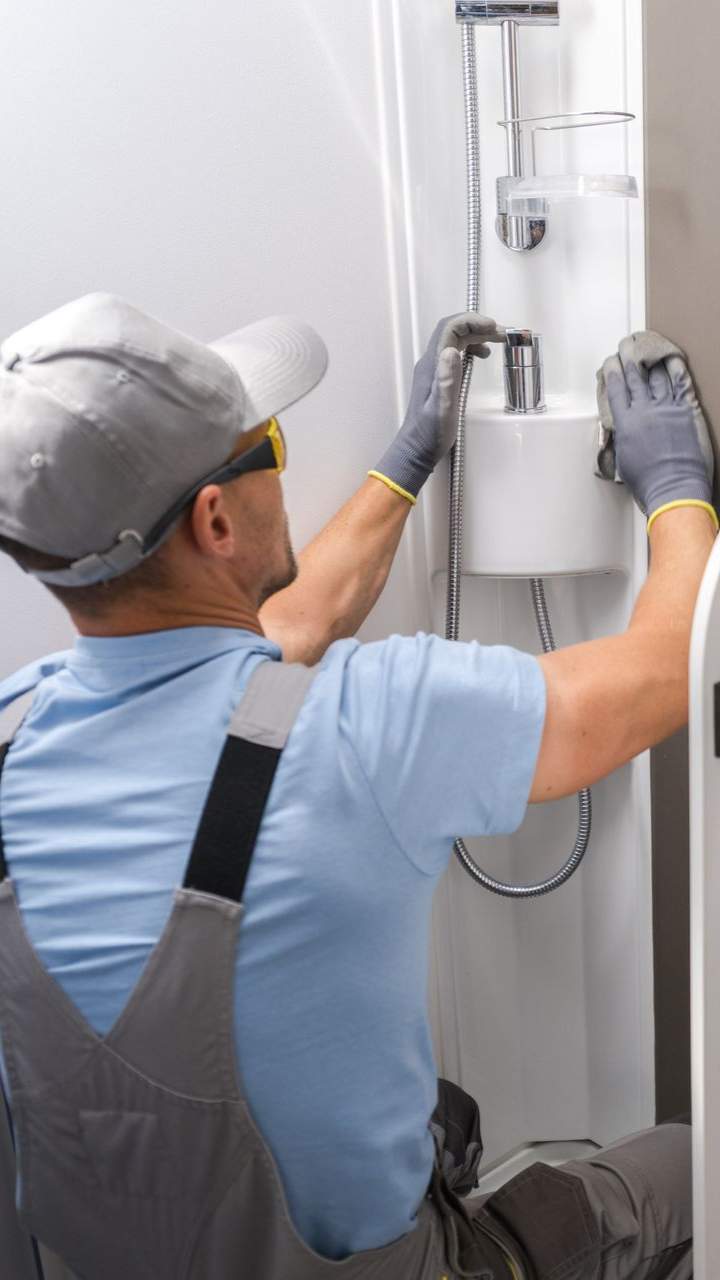 Heating system with red and blue pipes against gray tiled wall.
