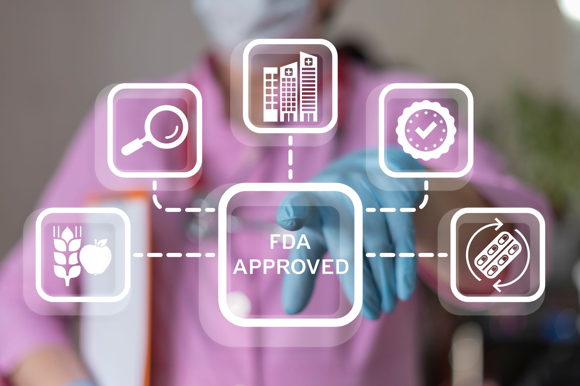 FDA approval process overlaid over a medical provider in a pink shirt.