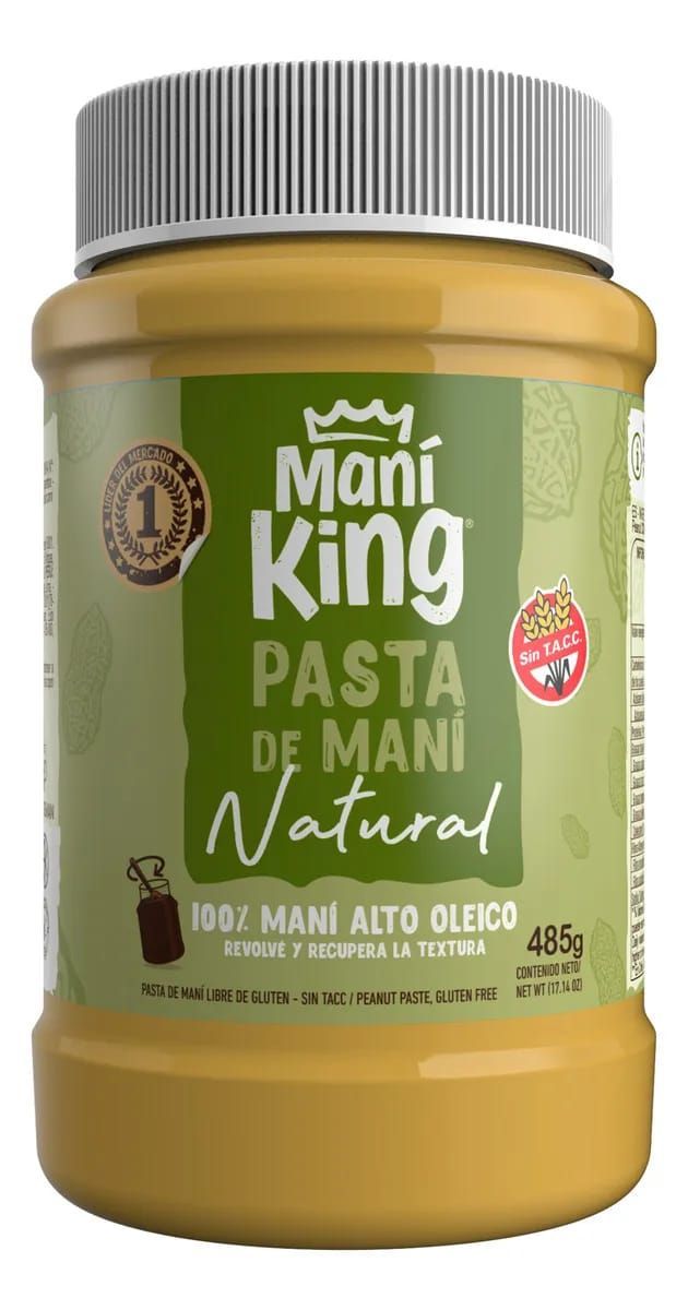 Tarro de mantequilla de cacahuete natural Mani King. Etiqueta verde y canela.
