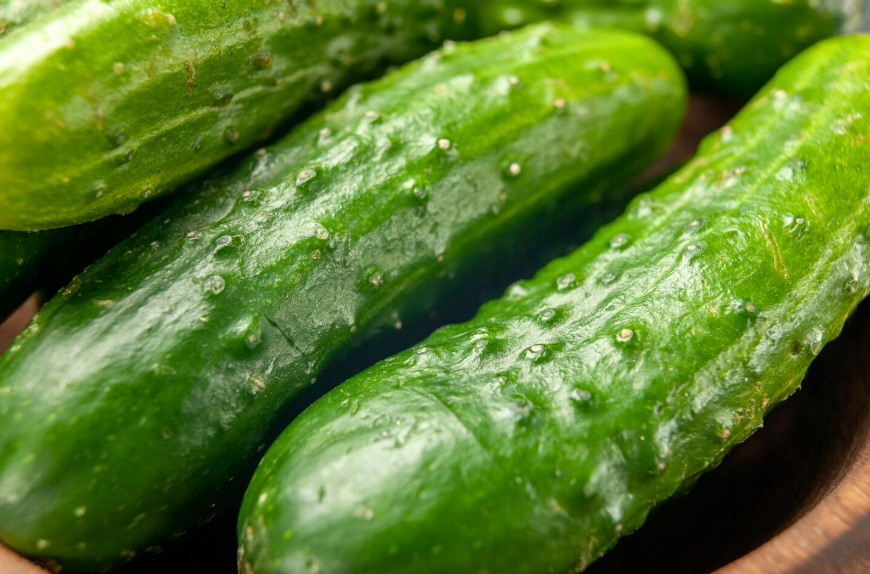 Primer plano de varios pepinos verdes, con piel texturizada, colocados en un recipiente de madera.