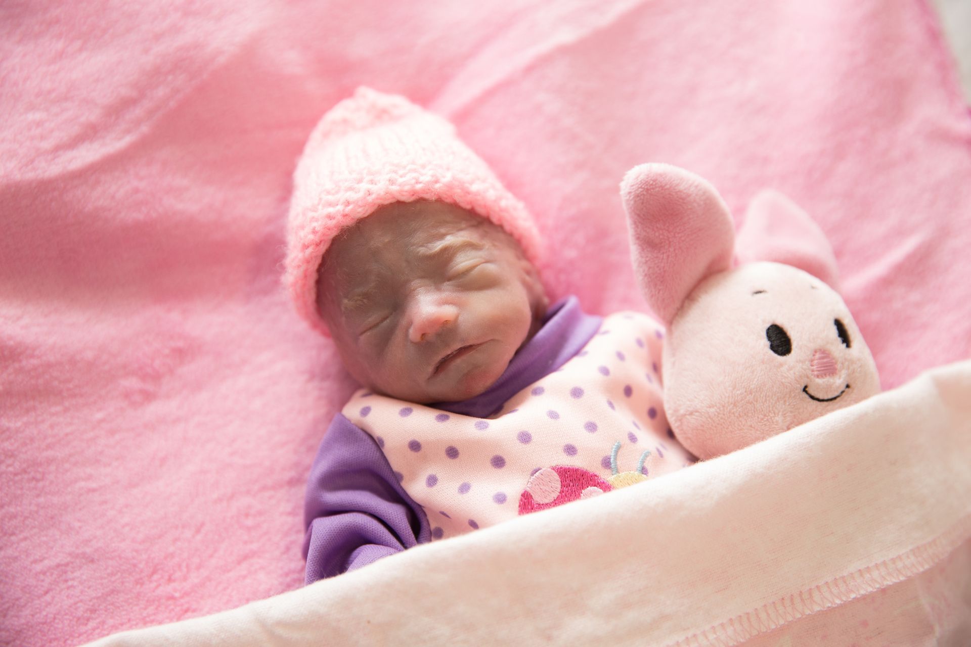 A baby is sleeping on a pink blanket with a stuffed animal.