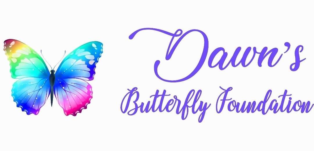 The logo for dawn 's butterfly foundation has a colorful butterfly on it.