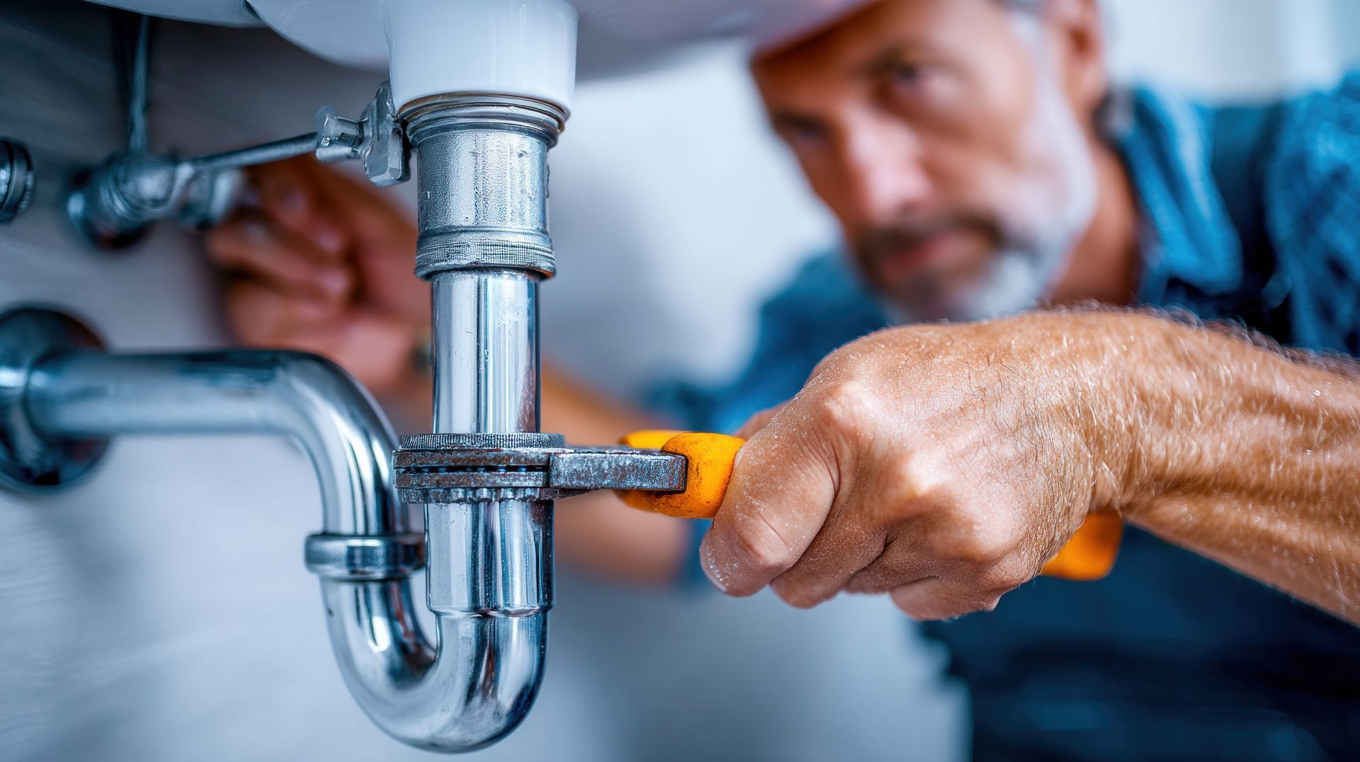 A skilled plumber tightening a bathroom sink pipe during a residential plumber service.
