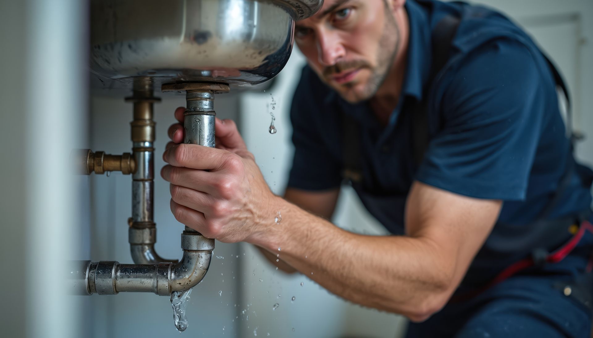 A plumber repairing a leaking pipe under a kitchen sink during a residential plumber service.
