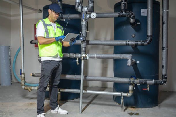 The technician is checking the heating system in the boiler room. 