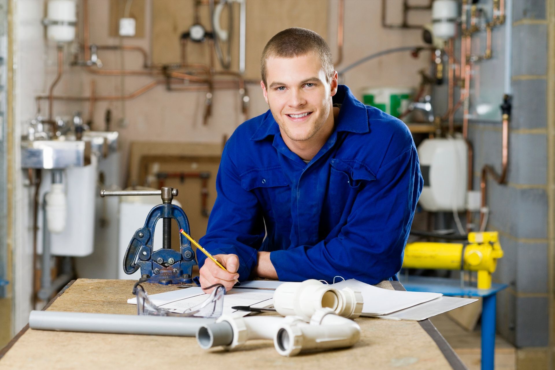 Plumber in blue uniform working at a bench with pipes and tools.