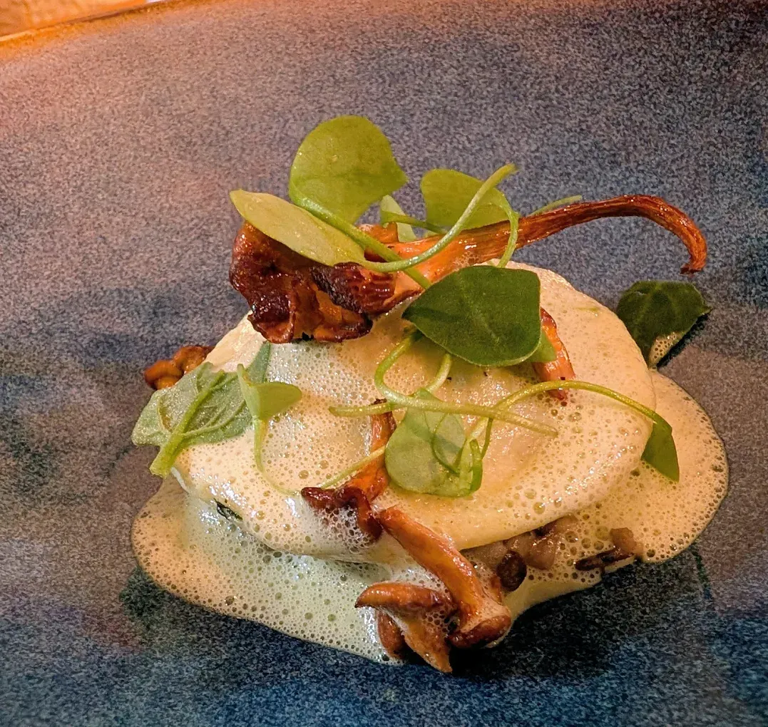 Een gastronomisch gerecht op een blauw bord met textuur, met gebakken champignons, romig schuim en verse groene kruiden.