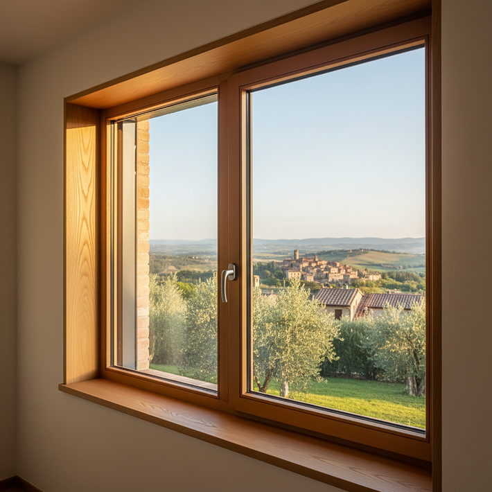 Finestra con cornice in legno che si affaccia su un paesaggio verde e su un villaggio lontano sotto un cielo limpido.