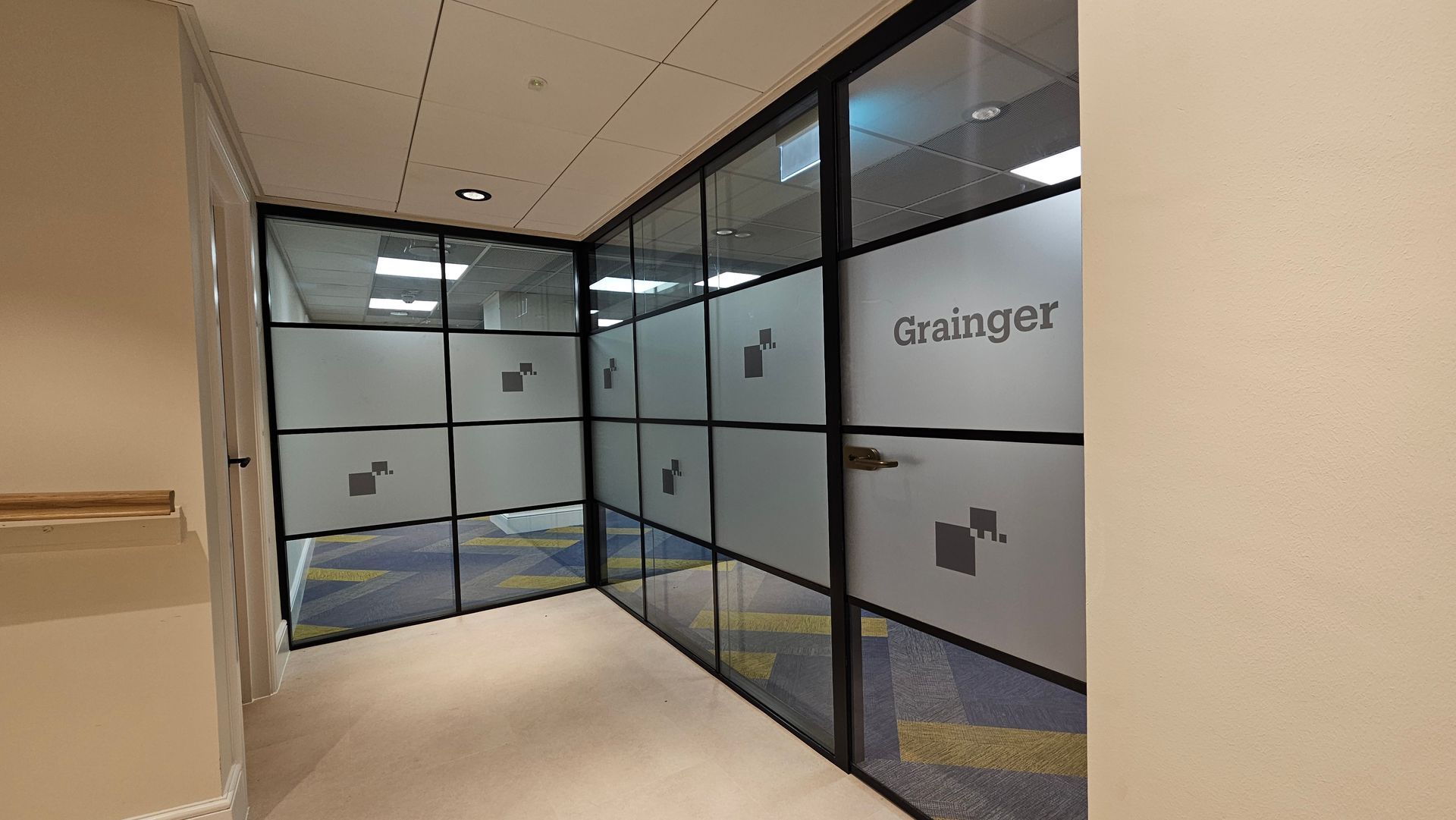 30-minute (E30) fire-rated glass partition with Crittall-style banding installed in Newcastle city c