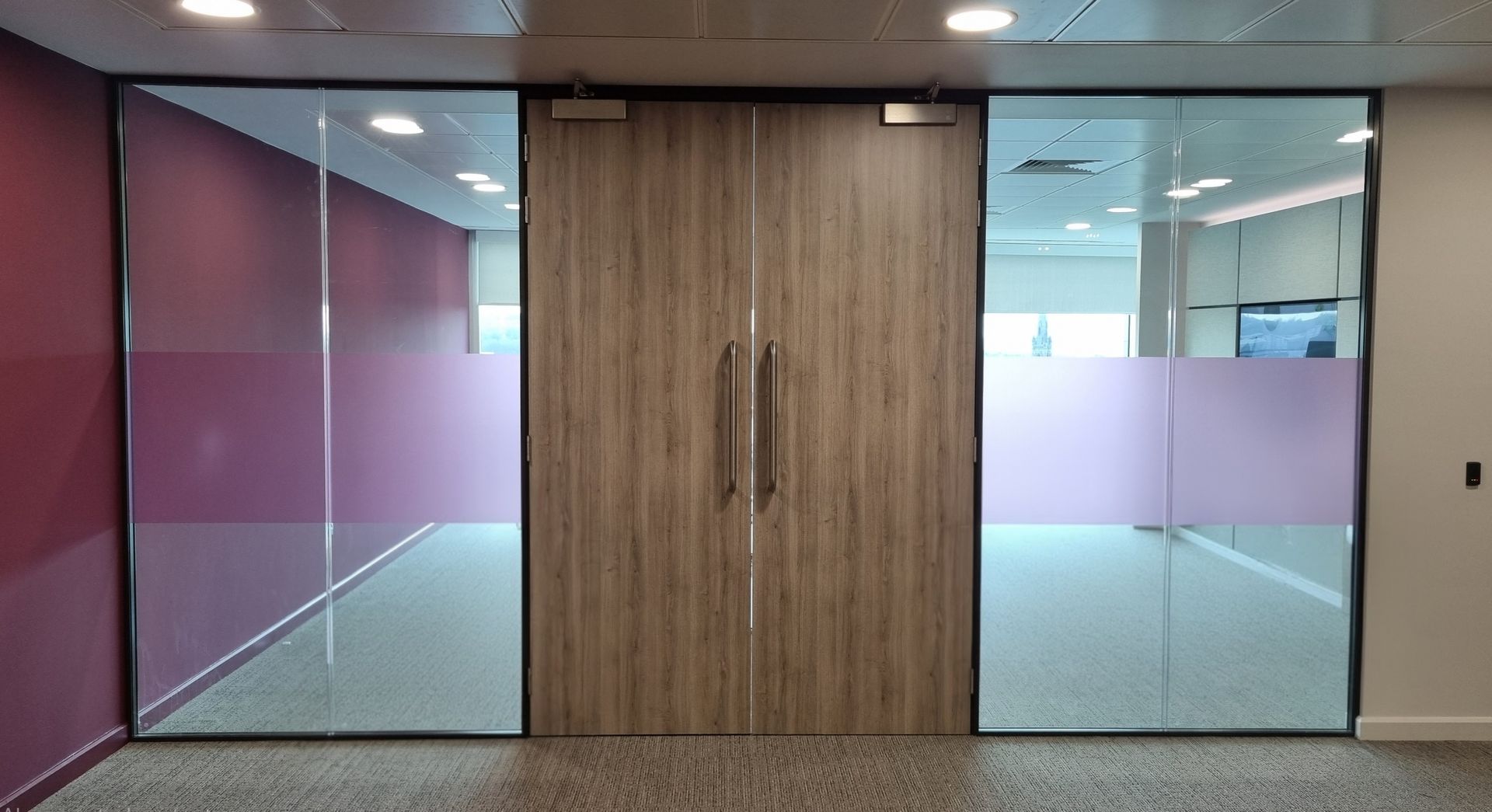 Double Glazed Frameless Office Partition for Enhanced Acoustics including Timber Doors in Newcastle upon Tyne