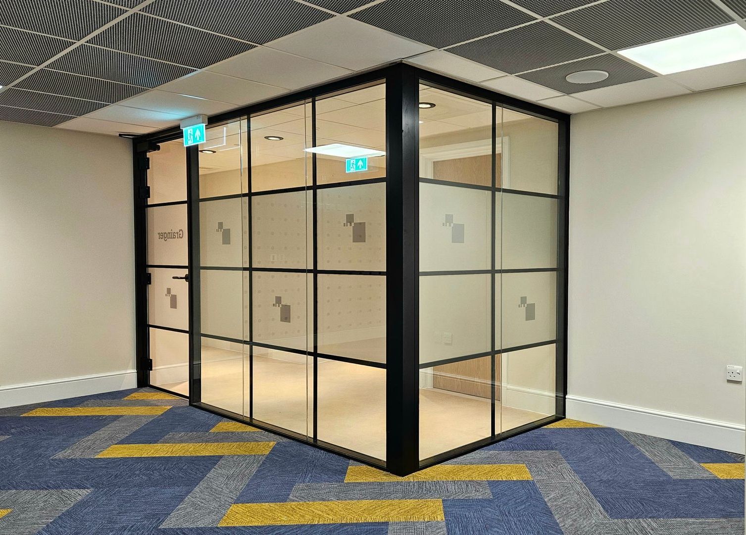 30 minute (E30) fire rated glass partition with crittall style banding installed in Newcastle city centre office