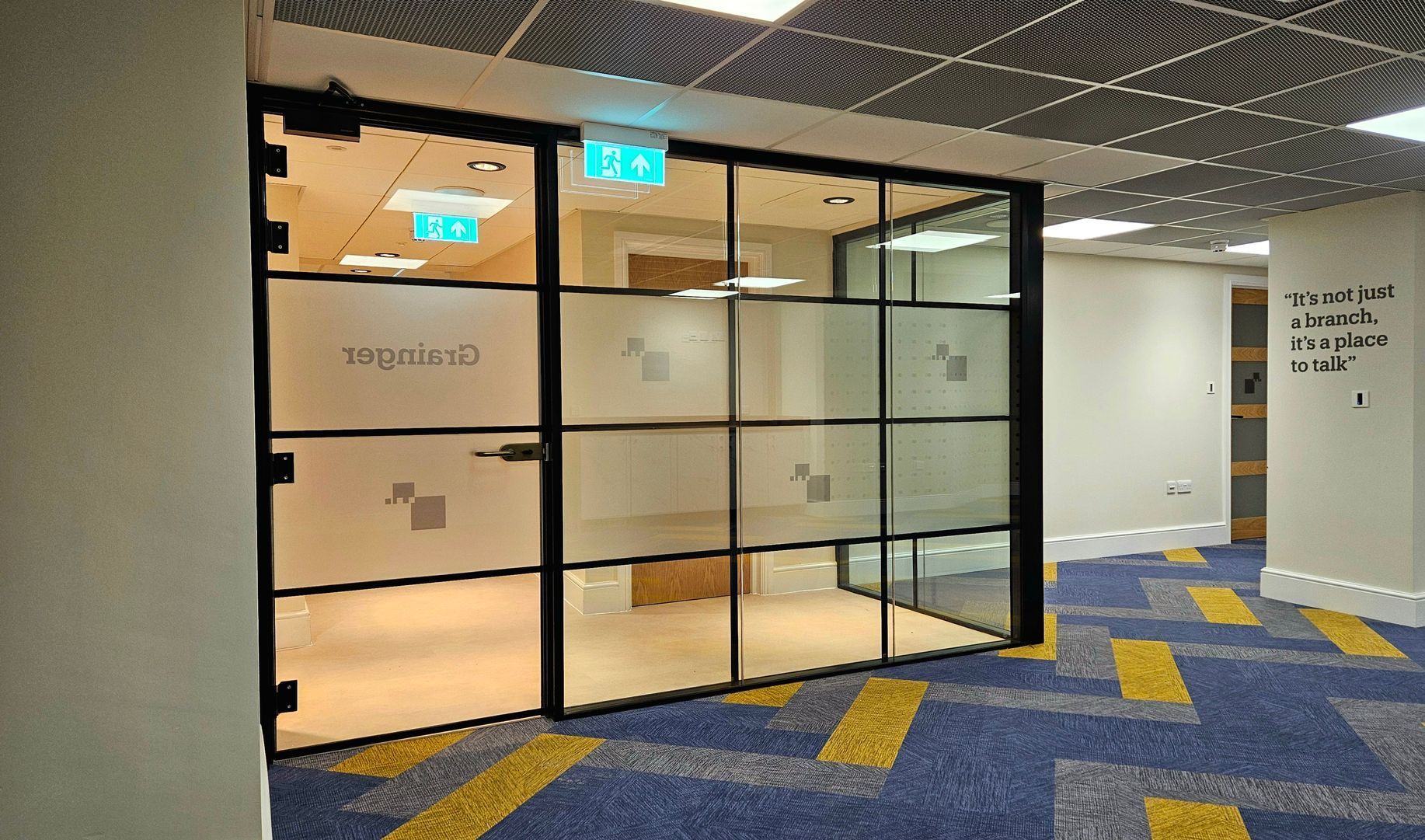 30 minute (E30) fire rated office glass partition with crittall style banding installed in Newcastle city centre 