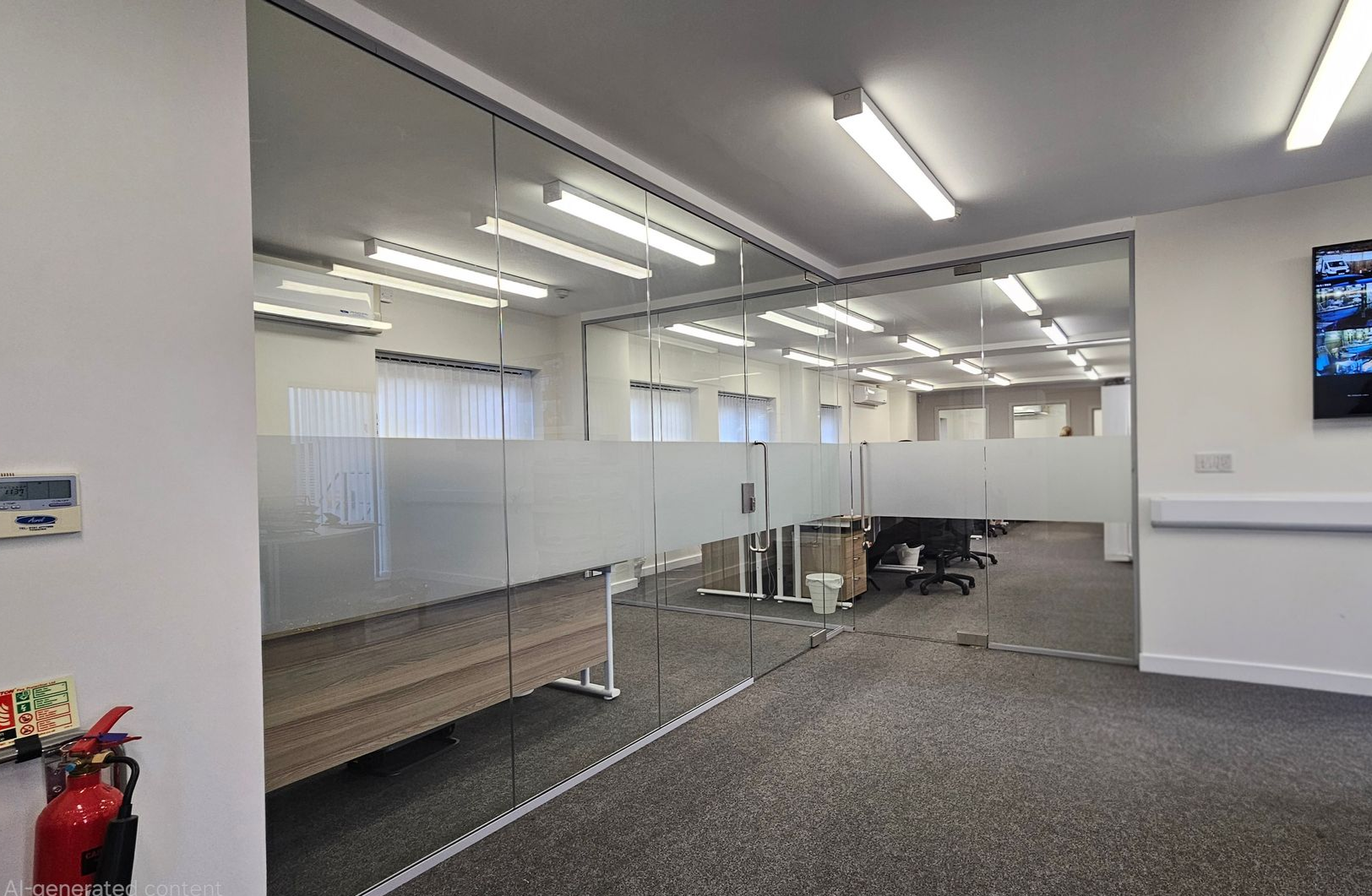 Open plan workspace divided using contemporary frameless glass partitions