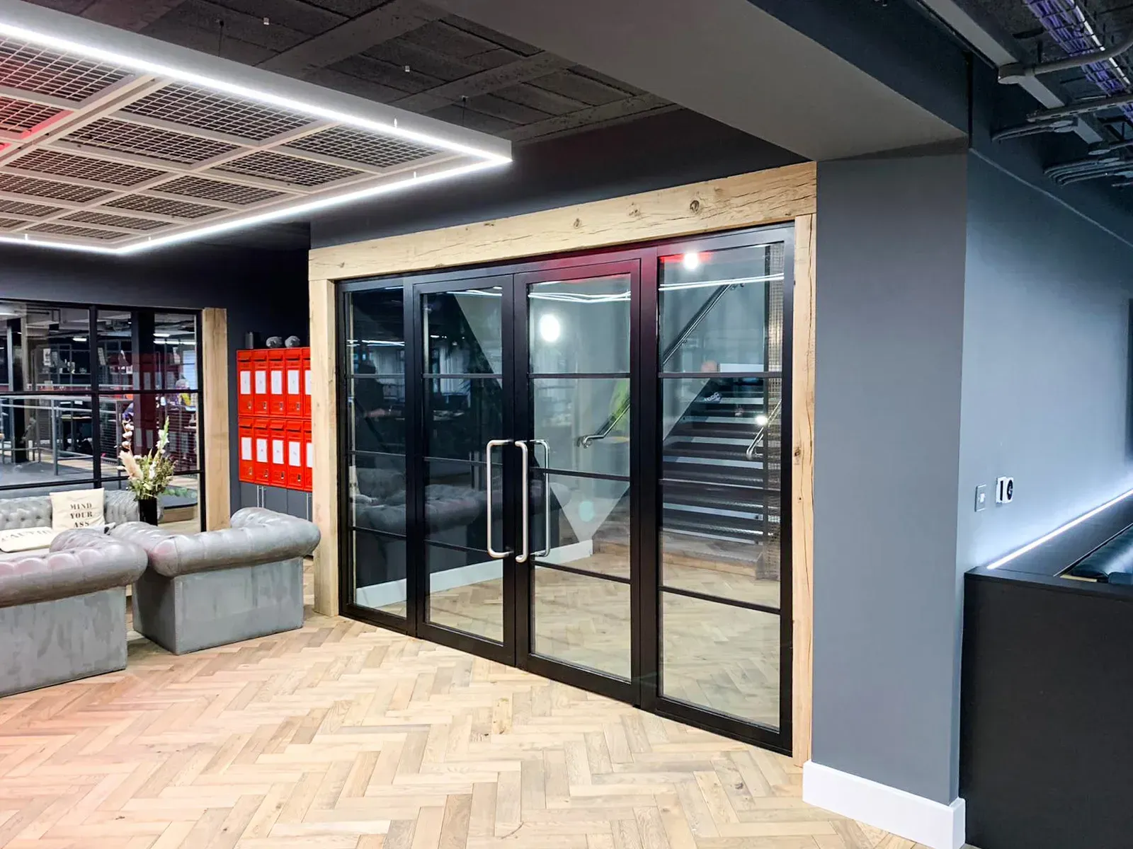 EI30 (30/30) Steel Glazed Fire Screen with Double Door Set including Banded / Crittall Style Bars to give an industrial look