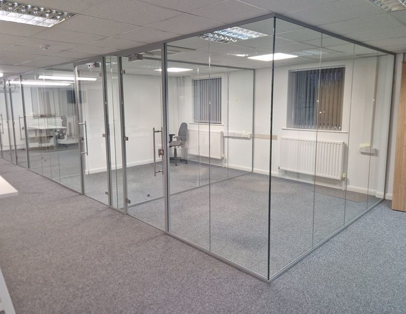 Acoustic glass office partitions installed in Stockton, Teeside by Clear Divide 