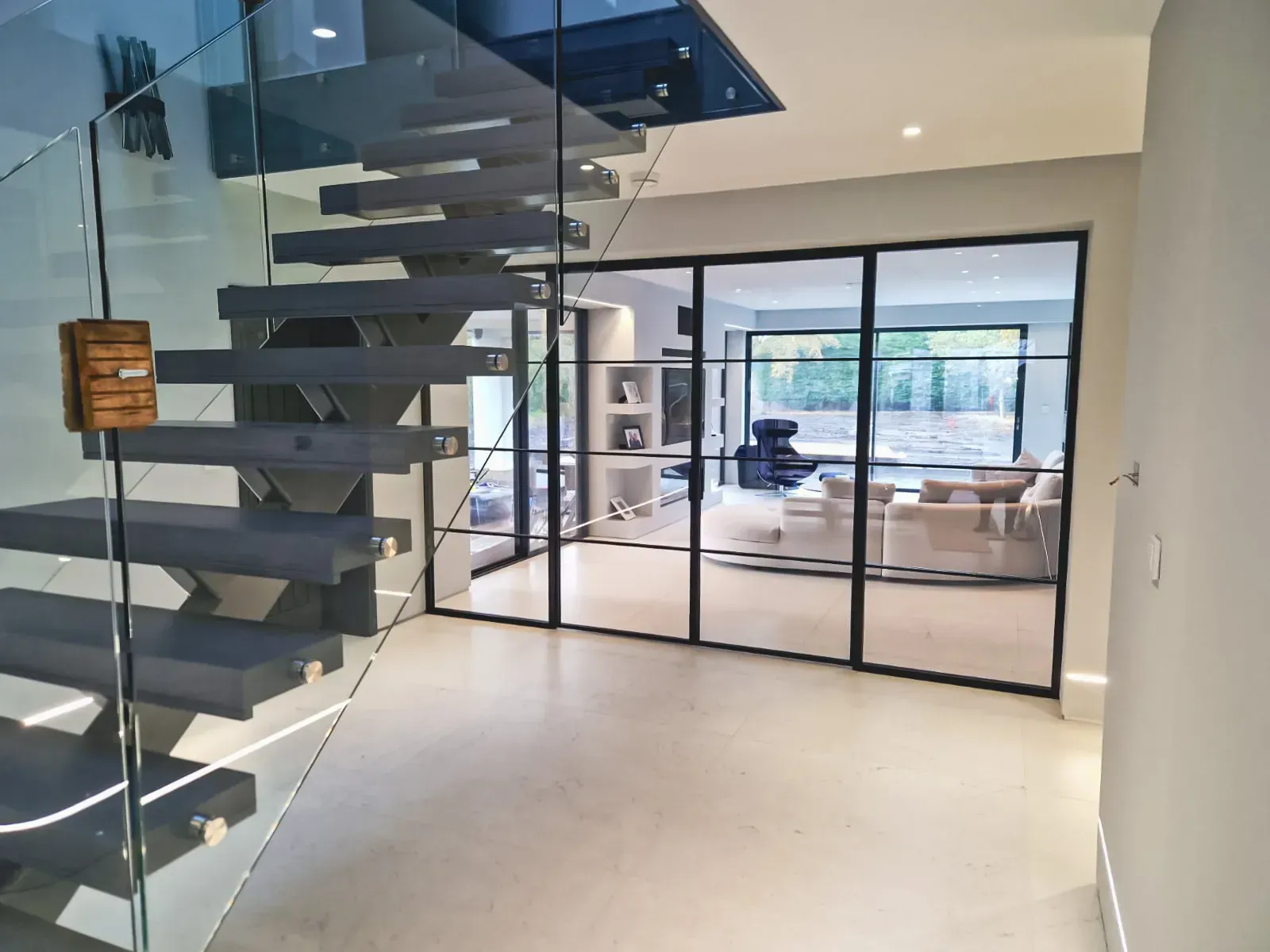 Beautiful Steel Double Sliding Glass Doors with Glass Side Screens creating a breathtaking Glass Partition between Hallway & Living Room in Home