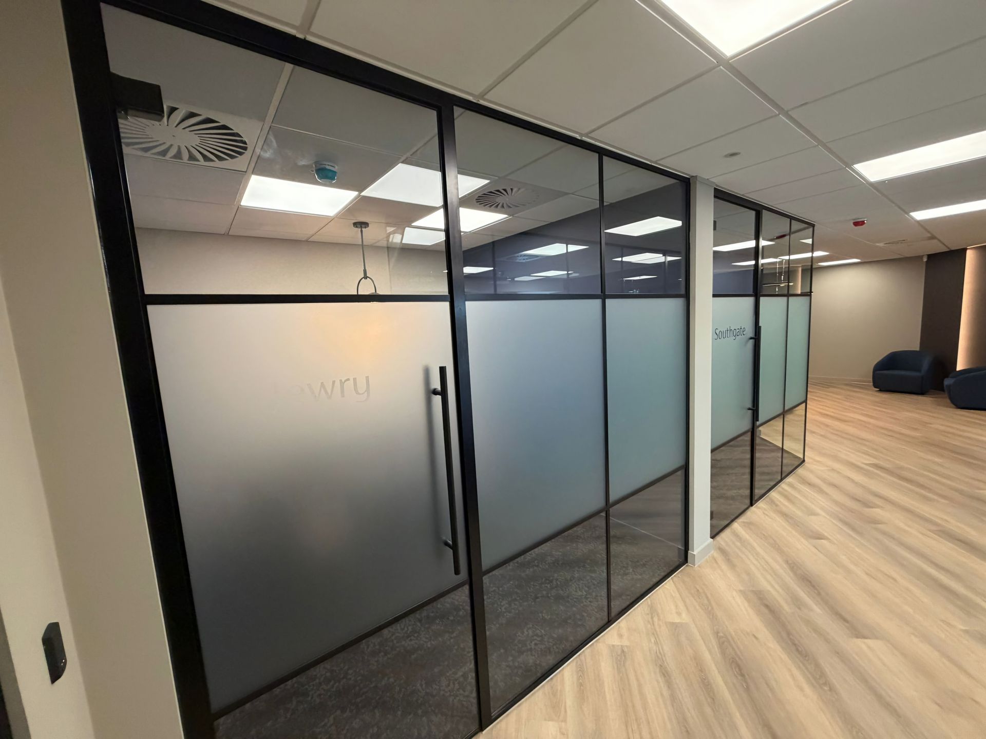 Banded look office glass partitions Hampshire commercial fit-out