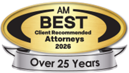 A gold badge that says `` am best client recommended attorneys '' over 25 years.