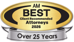 A gold badge that says `` am best client recommended attorneys '' over 25 years.
