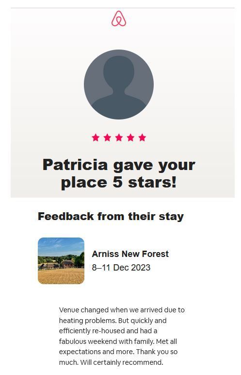 Five-star Airbnb review of Arniss in the New Forest.