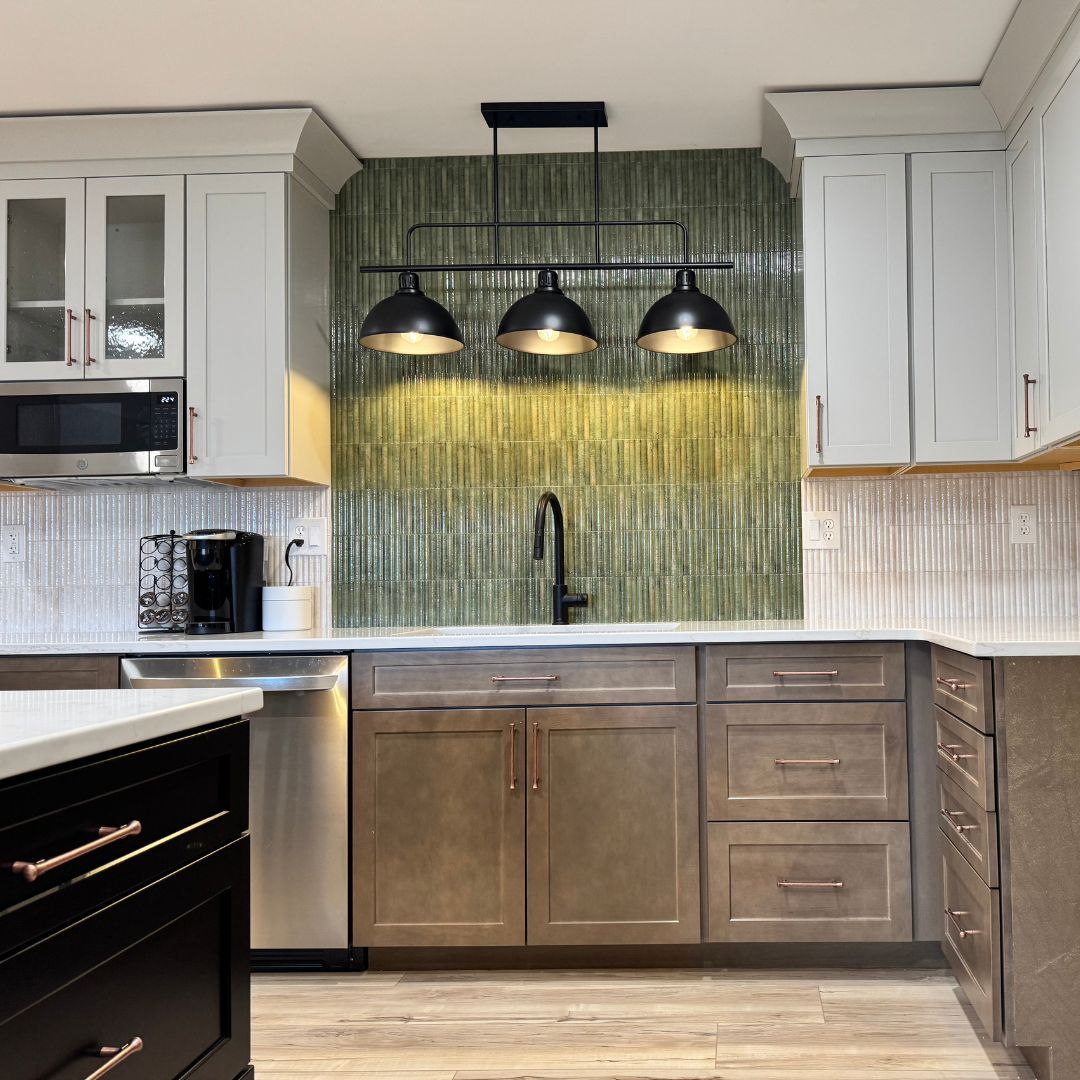 Modern Kitchen with Cabinets and Green Tile