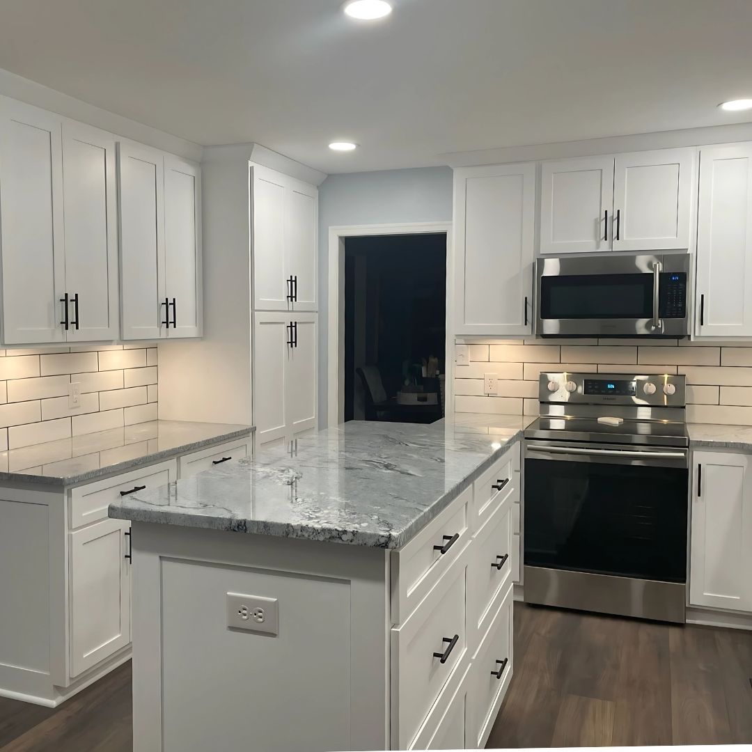 Different Angle of Stunning Kitchen with White Cabinets and Island