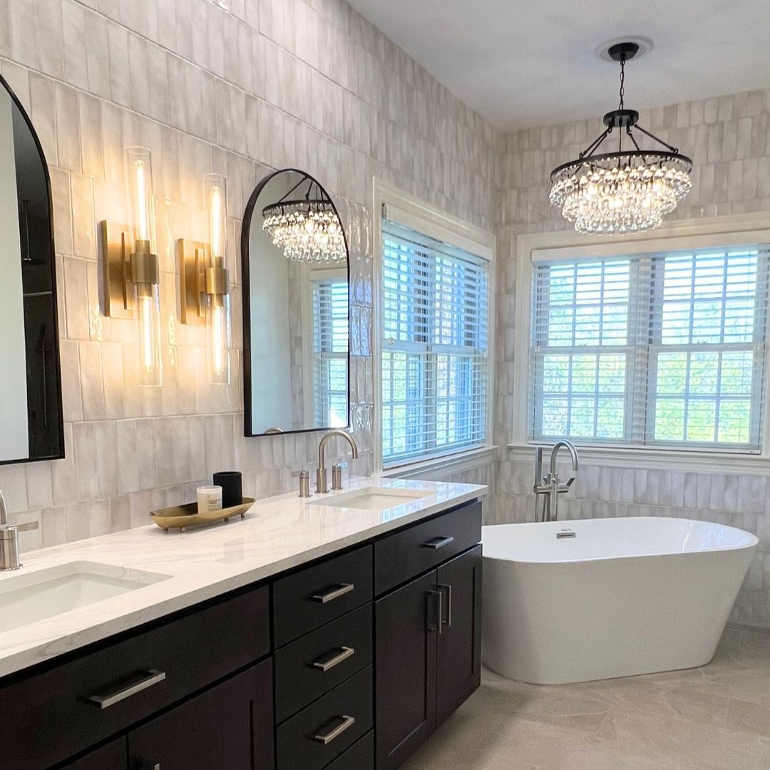 Stunning Modern Bathroom with Chandelier and Soaking Tub