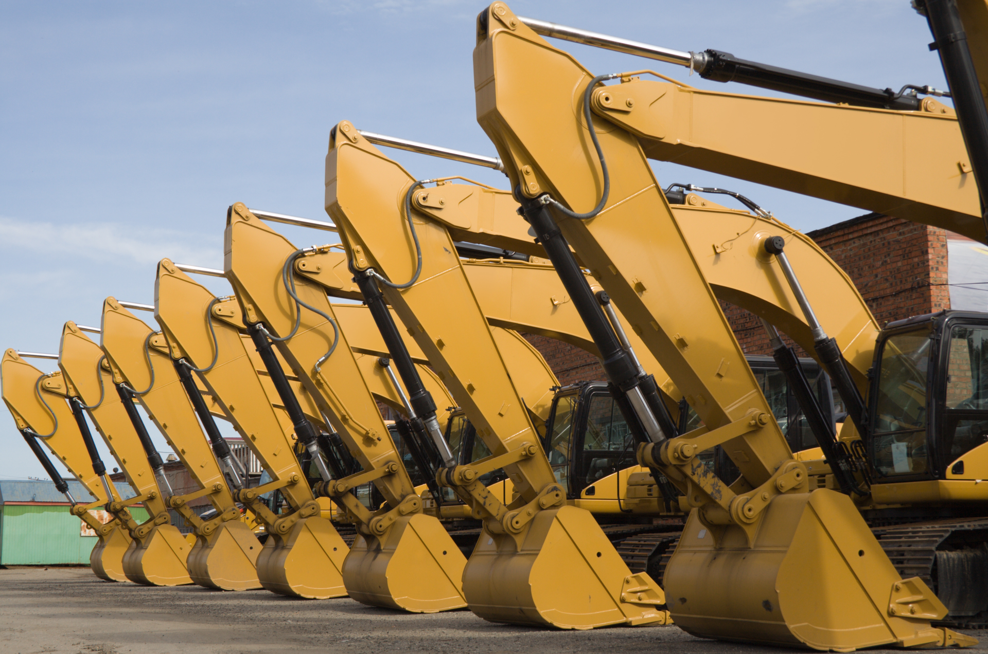 Row of yellow excavators parked outdoors.