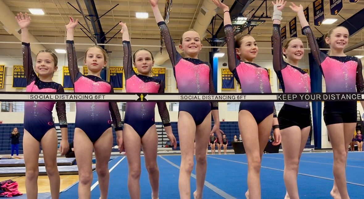 Seven gymnasts in pink and dark blue leotards stand in a line on a blue mat, posing with one arm raised in a gymnasium.
