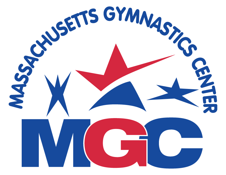 The Massachusetts Gymnastics Center logo features red and blue stylized stars and the blue and red letters
