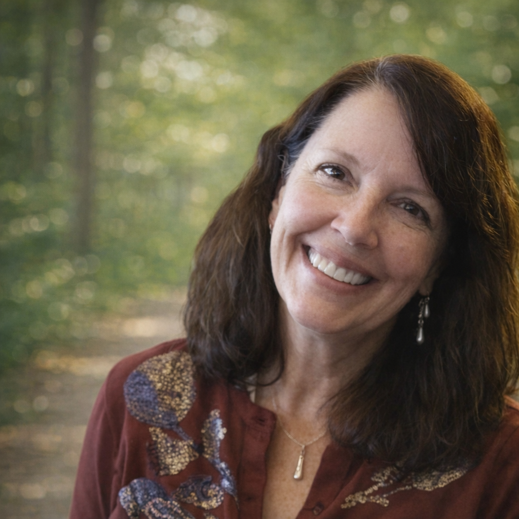 Woman with long brown hair, wearing a black cardigan over a striped shirt, and hoop earrings.