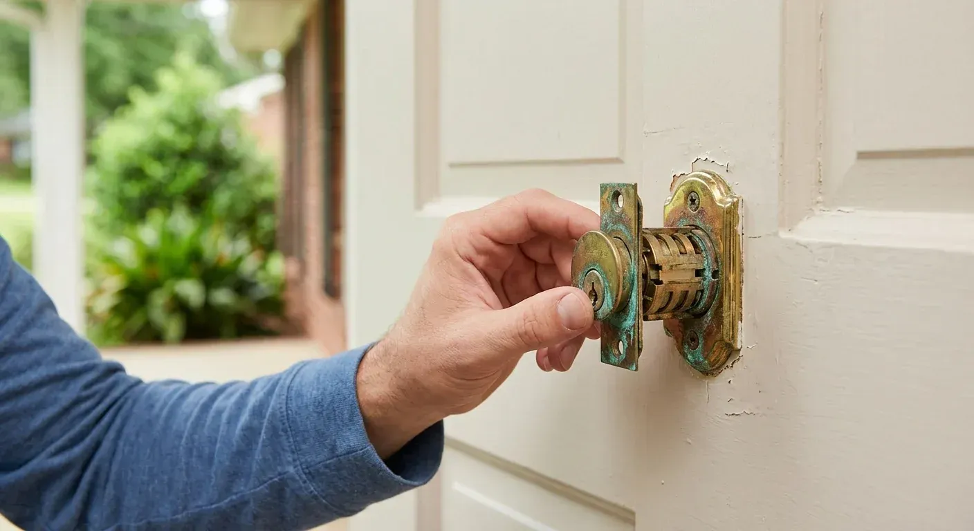 A hand turns an ornate brass door knob on a white door. A hand turns an ornate brass door knob on a white door.