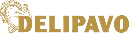 Logotipo de Delipavo con ilustración de pavo y letras doradas.
