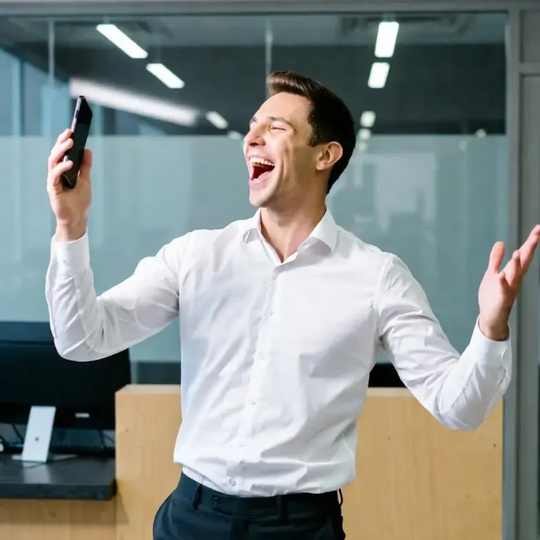 Hombre con camisa blanca celebra, con los brazos en alto, mirando el teléfono en la oficina.