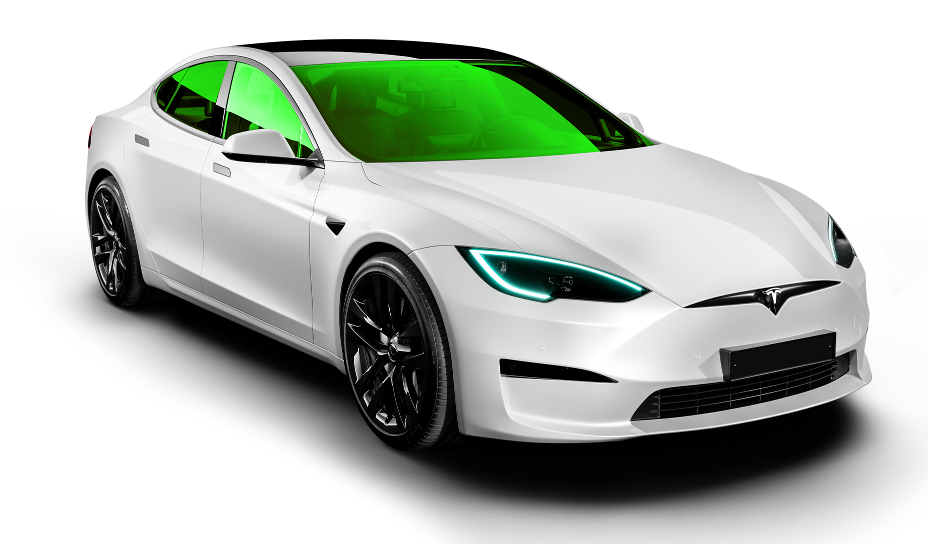 Top-down view of a white car with a black panoramic roof and green accents.