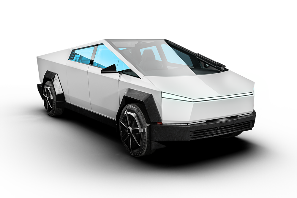 Overhead view of a white car with a green sunroof and green tinted windows.