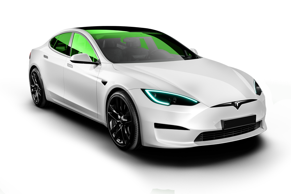 Top-down view of a white car with a black panoramic roof and green accents.