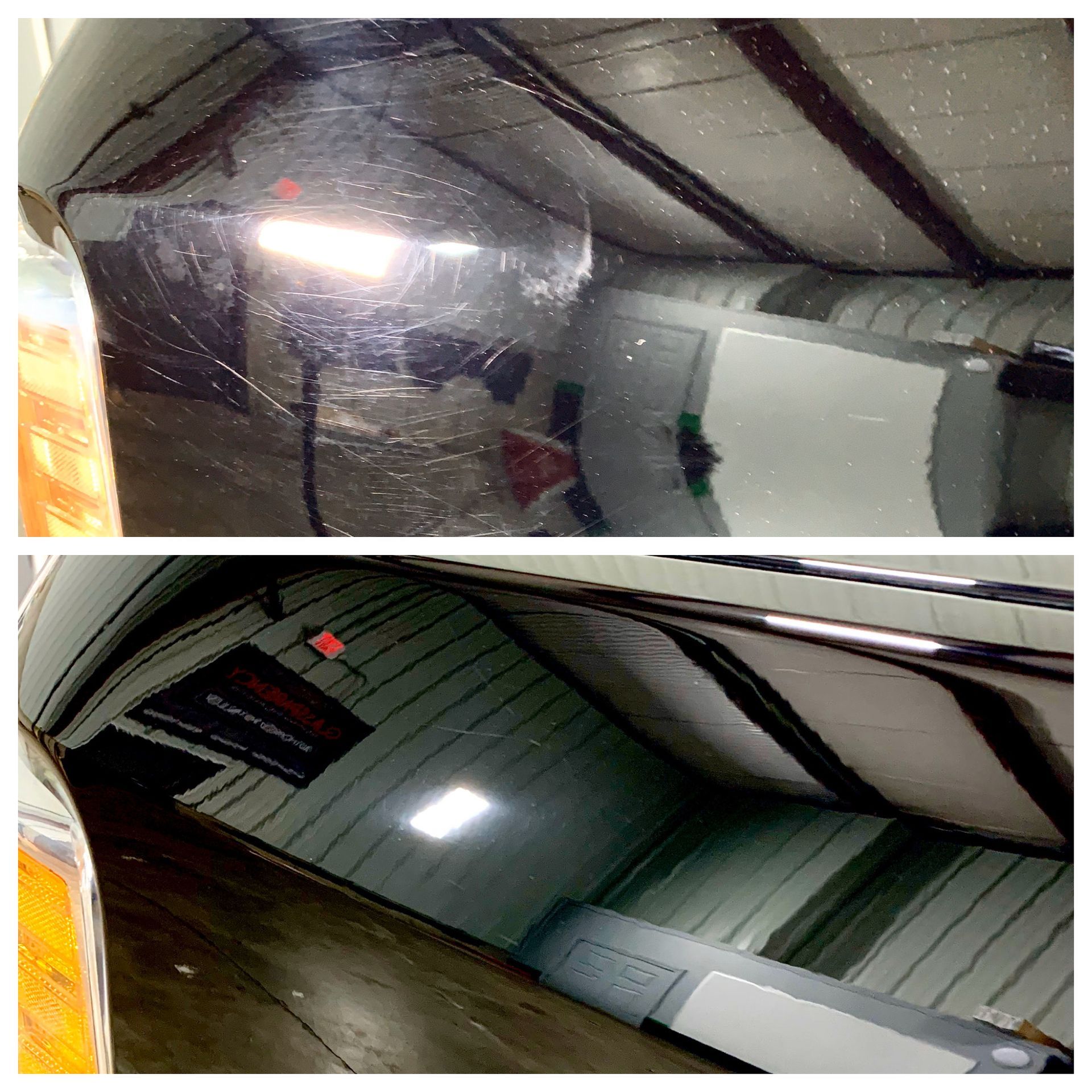 A before and after picture of a garage with a sign that says exit