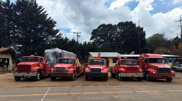 Una fila de camiones rojos están estacionados en un estacionamiento