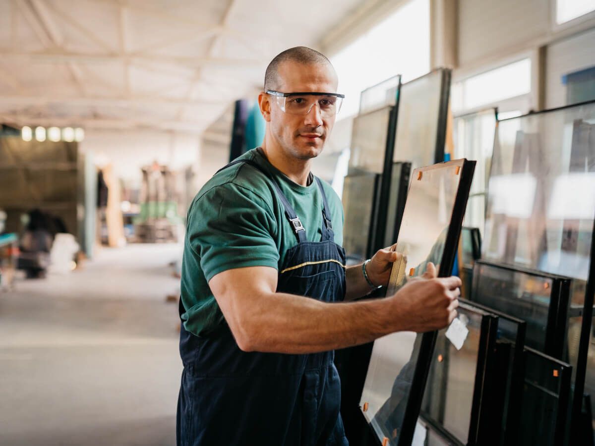 Expert glazier moving a glass pane in Swansea Glass Balustrades warehouse.