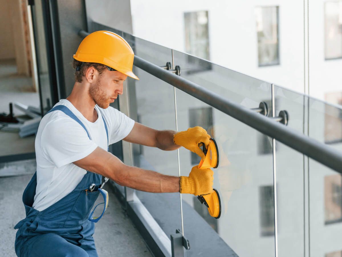Professional glass balustrade installer fitting a panel by Swansea Glass Balustrades.