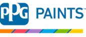 The logo for ppg paints is blue and white with a rainbow of colors.