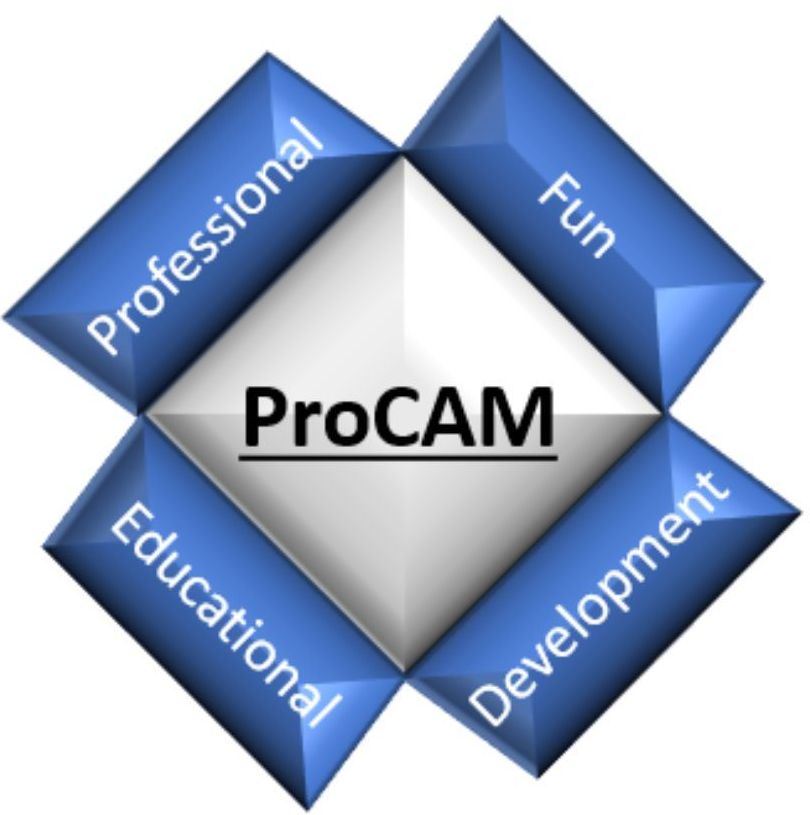 A logo for procam which includes professional fun educational and development