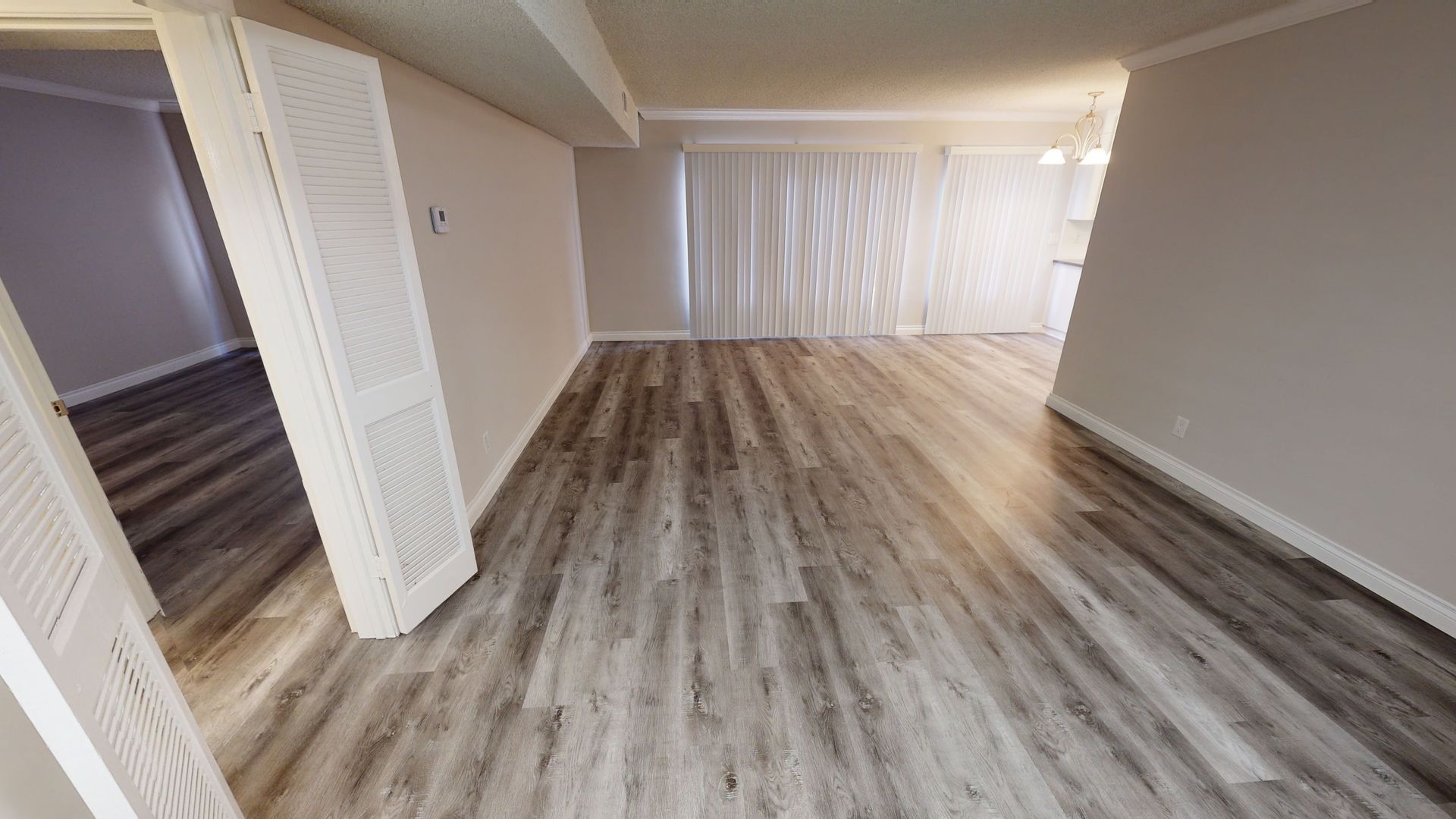 Interior view of a room with wood-look flooring, white walls, and a closed door on the left.