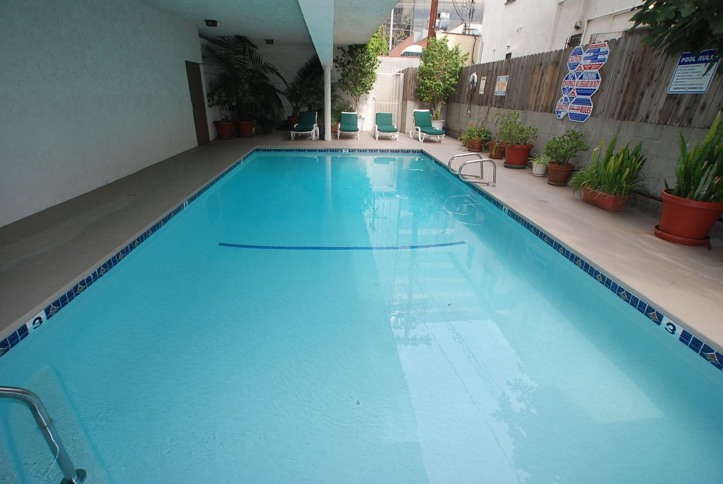 A rectangular swimming pool filled with water, bordered by a walkway and potted plants.