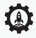 Black gear with a rocket ship taking off from a planet, inside.