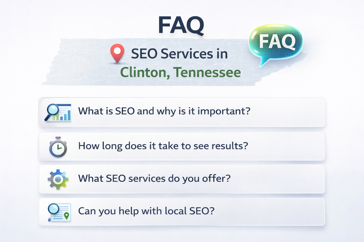 An FAQ section about SEO services in Clinton, Tennessee, featuring four bulleted questions with icons.