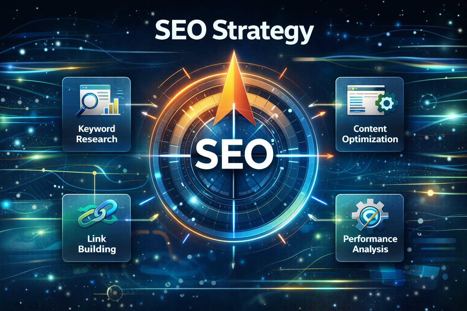 An SEO strategy diagram with a central compass icon and four surrounding modules: keyword research, content, links, and data.